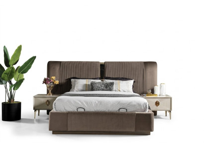Juego de dormitorio marrón, cama doble de diseñador, 2 mesitas de noche, muebles de lujo.