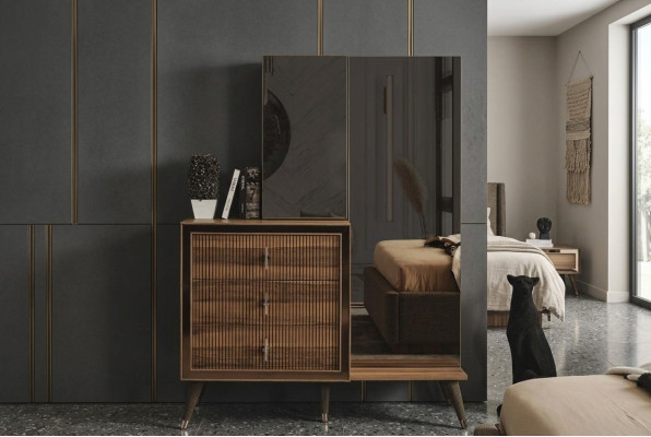 Muebles de dormitorio marrones, cómoda con espejo, conjunto de madera de lujo de 3 puertas.