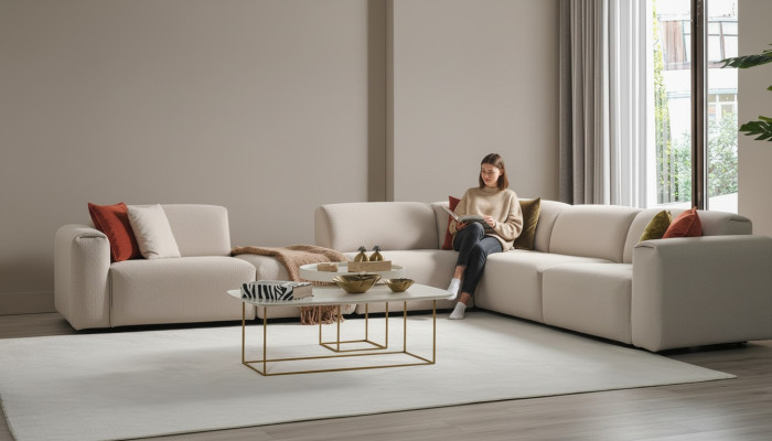 Sofá de sala de estar beige, sofá de diseñador en forma de L, lujoso sofá de esquina, muebles tapizados.