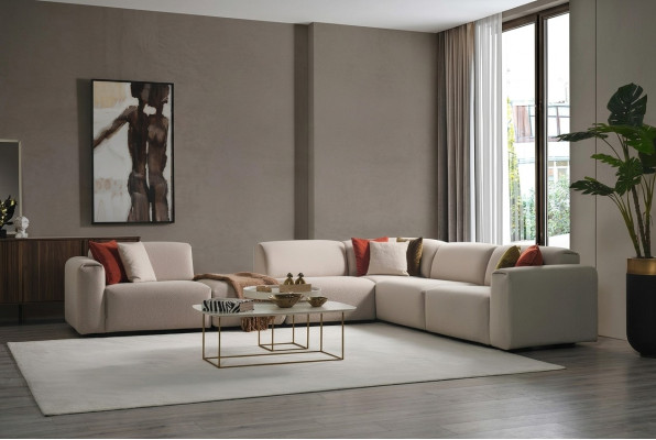 Sofá de sala de estar beige, sofá de diseñador en forma de L, lujoso sofá de esquina, muebles tapizados.