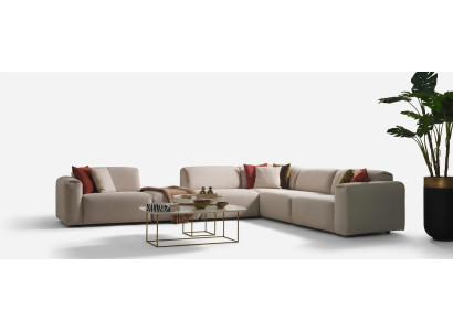 Sofá de sala de estar beige, sofá de diseñador en forma de L, lujoso sofá de esquina, muebles tapizados.