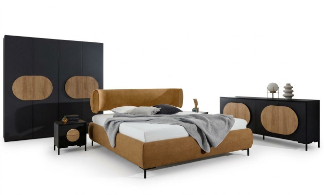 Muebles de dormitorio Marrón-Negro Diseñador Cama Armario Cómoda