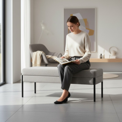 Banco de dormitorio gris, diseño de marco de madera, banco tapizado de textil.
