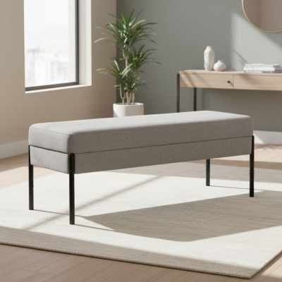 Banco de dormitorio gris, diseño de marco de madera, banco tapizado de textil.