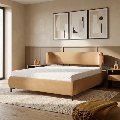 Cama de dormitorio marrón, camas tapizadas, marco de madera de diseñador, cama textil.
