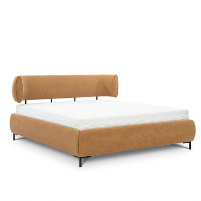 Cama de dormitorio marrón, camas tapizadas, marco de madera de diseñador, cama textil.
