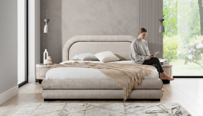 Dormitorio conjunto diseñador beige cama doble 2x mesitas de noche textiles