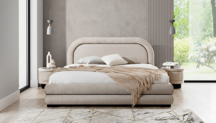 Dormitorio conjunto diseñador beige cama doble 2x mesitas de noche textiles