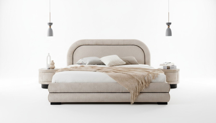 Dormitorio conjunto diseñador beige cama doble 2x mesitas de noche textiles