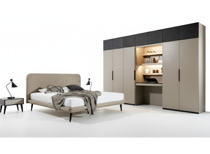 Conjunto de dormitorio de lujo con cama doble de diseñador, armario y mesitas de noche.