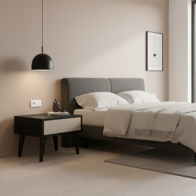 Mesita de noche negra con cajón, muebles de dormitorio de alta calidad.