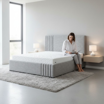 Elegante cama doble gris diseño dormitorio camas cabecero grande.