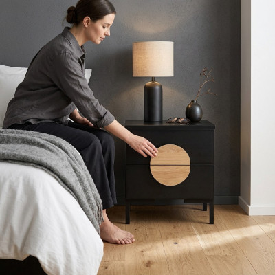 Mesa de noche negra diseño de mesita de noche con 2 cajones mueble de madera