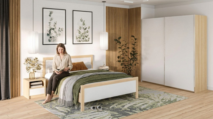 Muebles de dormitorio blancos, cama de lujo, mesillas de noche, armario grande.