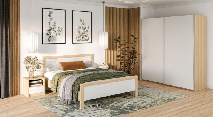 Muebles de dormitorio blancos, cama de lujo, mesillas de noche, armario grande.
