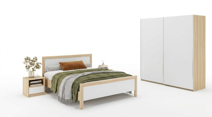 Muebles de dormitorio blancos, cama de lujo, mesillas de noche, armario grande.