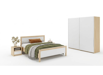 Muebles de dormitorio blancos, cama de lujo, mesillas de noche, armario grande.