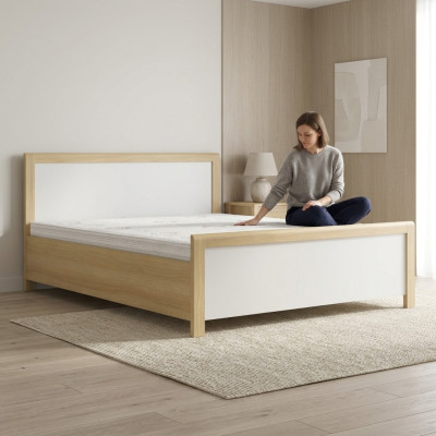 Dormitorio Cama de madera Cama doble blanca Diseñador Estructura de madera clara Nueva