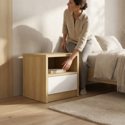 Mesa de noche marrón claro con 1 cajón, consola de madera de diseñador para dormitorio.