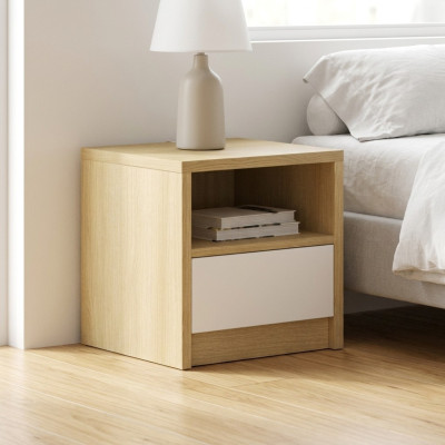 Mesa de noche marrón claro con 1 cajón, consola de madera de diseñador para dormitorio.
