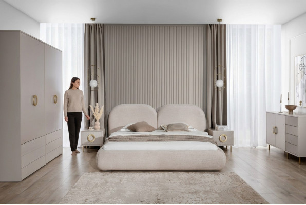 Conjunto de dormitorio beige Cama doble Armario Cómoda 2 mesitas de noche