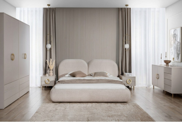Conjunto de dormitorio beige Cama doble Armario Cómoda 2 mesitas de noche