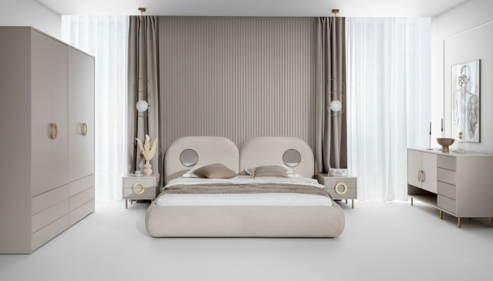 Conjunto de dormitorio beige Cama doble Armario Cómoda 2 mesitas de noche