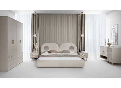 Conjunto de dormitorio beige Cama doble Armario Cómoda 2 mesitas de noche