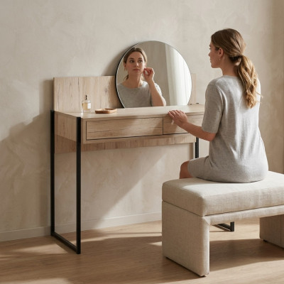 Espejo de tocador marrón, tocador cosmético moderno de lujo de madera.