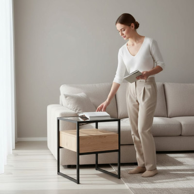 Dormitorio Mesa de noche moderna Tablero de cristal Estructura de metal Muebles de madera