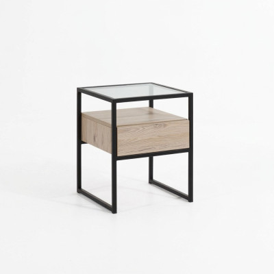 Dormitorio Mesa de noche moderna Tablero de cristal Estructura de metal Muebles de madera