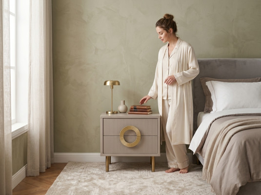 Mesa de noche beige de diseñador con 2 cajones para la consola de la cama del dormitorio.