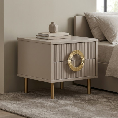 Mesa de noche beige de diseñador con 2 cajones para la consola de la cama del dormitorio.