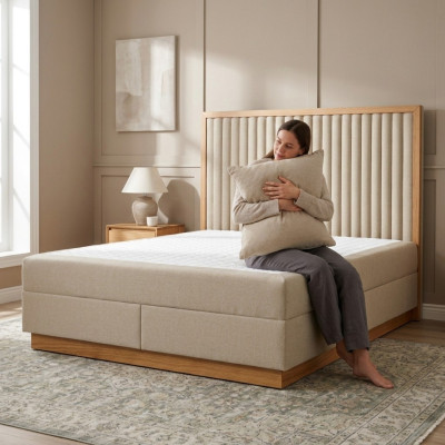 Habitación de dormir beige-marrón Cama Diseñador Camas Dobles Cama textil