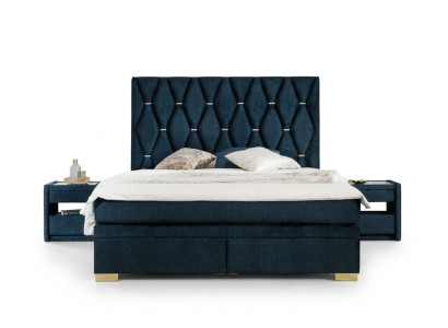 Azul conjunto textil de dormitorio, Mesitas de noche elegantes, Cama de acero inoxidable de 3 piezas.