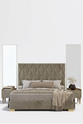 Dormitorio gris Cama doble Mesas de noche de diseñador Lujo Juego de 3 piezas