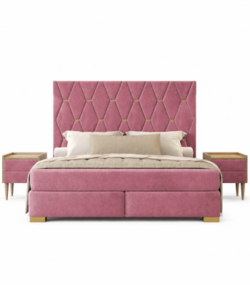 Conjunto de dormitorio beige: cama doble, armario, cómoda y 2 mesitas de noche.