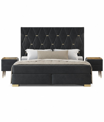 Conjunto de dormitorio gris de diseñador con cama doble de acero inoxidable y mesitas de noche.