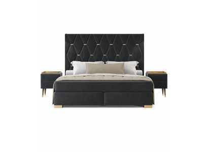 Conjunto de dormitorio gris de diseñador con cama doble de acero inoxidable y mesitas de noche.