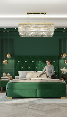 Elegante dormitorio verde cama doble marco de cama de madera mesitas de noche