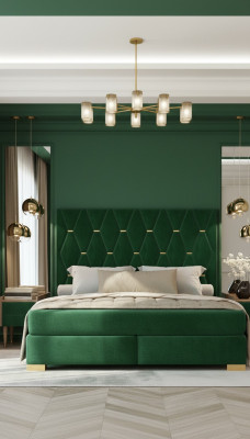 Elegante dormitorio verde cama doble marco de cama de madera mesitas de noche