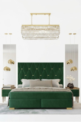 Elegante dormitorio verde cama doble marco de cama de madera mesitas de noche