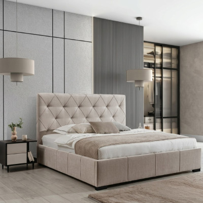 Cama doble Chesterfield beige con mesitas de noche de tela conjunto de dormitorio