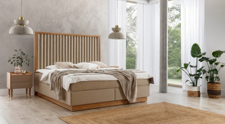 Dormitorio beige Cama doble 2 mesitas de noche de lujo Muebles de madera noble de 3 piezas