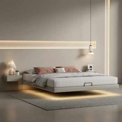 Pared de dormitorio gris Cama de pared Diseñador Camas de lujo Madera de alta gama Camas dobles