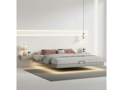Pared de dormitorio gris Cama de pared Diseñador Camas de lujo Madera de alta gama Camas dobles
