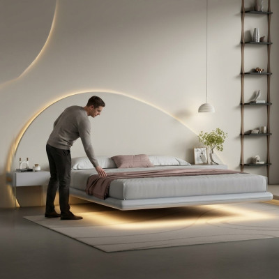 Cama de pared gris Muebles de dormitorio modernos Estructura de madera Camas LED Nuevas