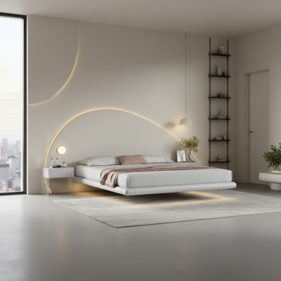Cama de pared gris Muebles de dormitorio modernos Estructura de madera Camas LED Nuevas