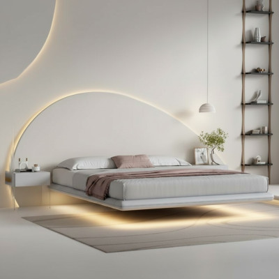 Cama de pared gris Muebles de dormitorio modernos Estructura de madera Camas LED Nuevas