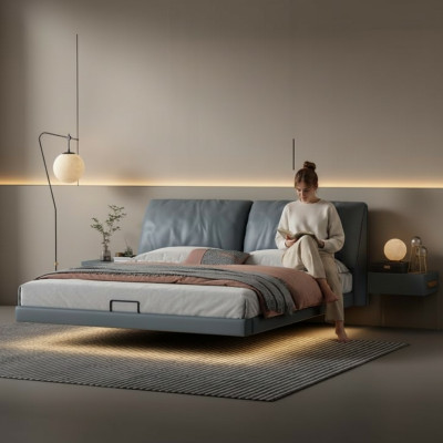 Dormitorio gris, camas de diseño, estructura de madera, muebles de lujo modernos.